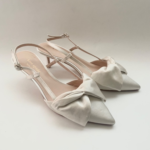 Kate Spade Marseille Ivory White Satin Bow Slingback Pumps Kitten Heel Shoes 8 - Picture 9 of 16